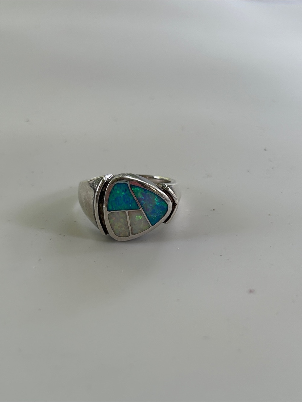 Vintage Sterling Silver Mosaic Opal Inlay Ring Asymmetrical Geometric Size 7.5
